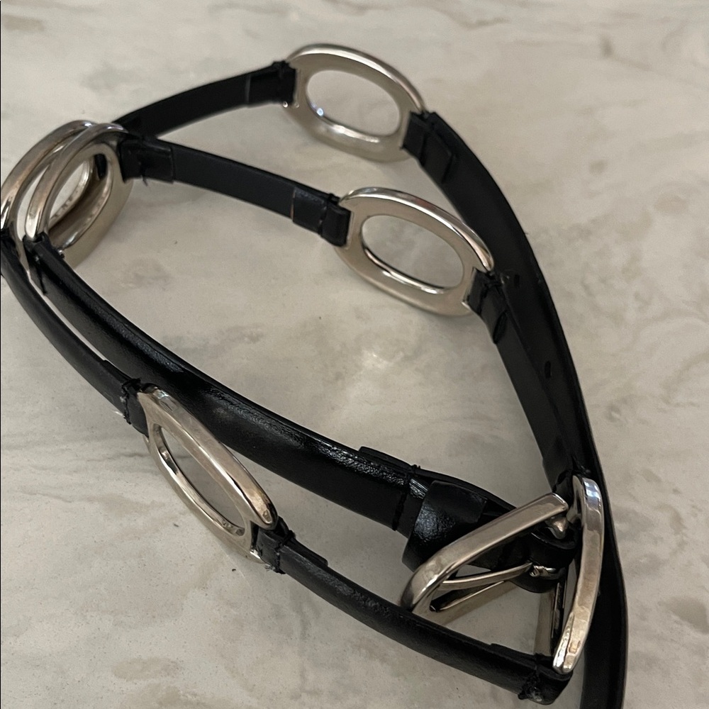 Amiee Lynn black leather belt silver tone oval links size M - Picture 7 of 17
